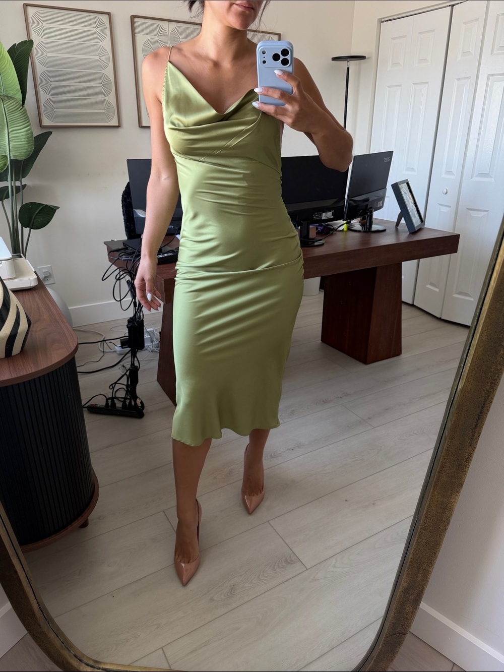 Satin Cowl Neck Slip Dress in Olive Green